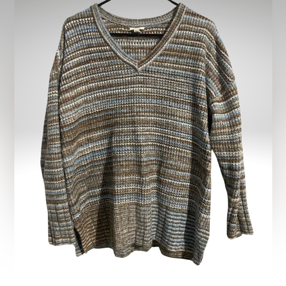 Striped V-Neck Sweater - Brown and Blue